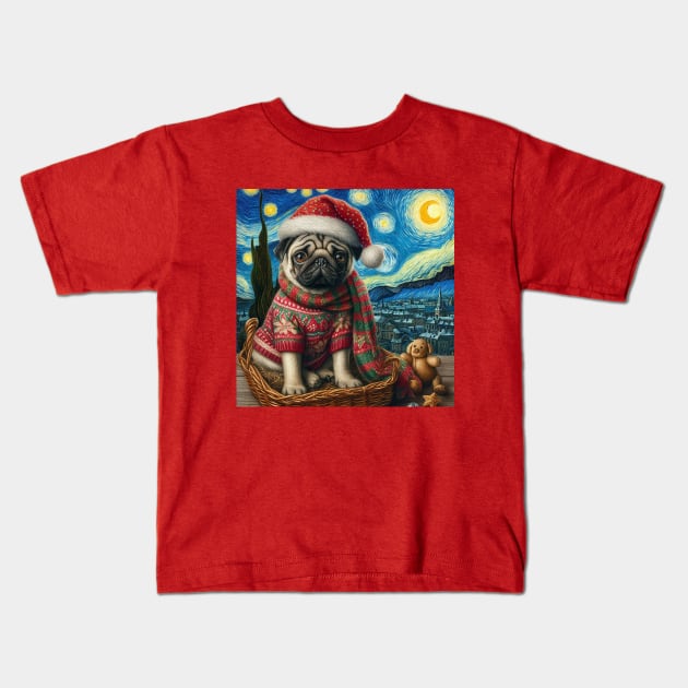 Christmas Pug - Van Gogh Style Kids T-Shirt by Pickledjo